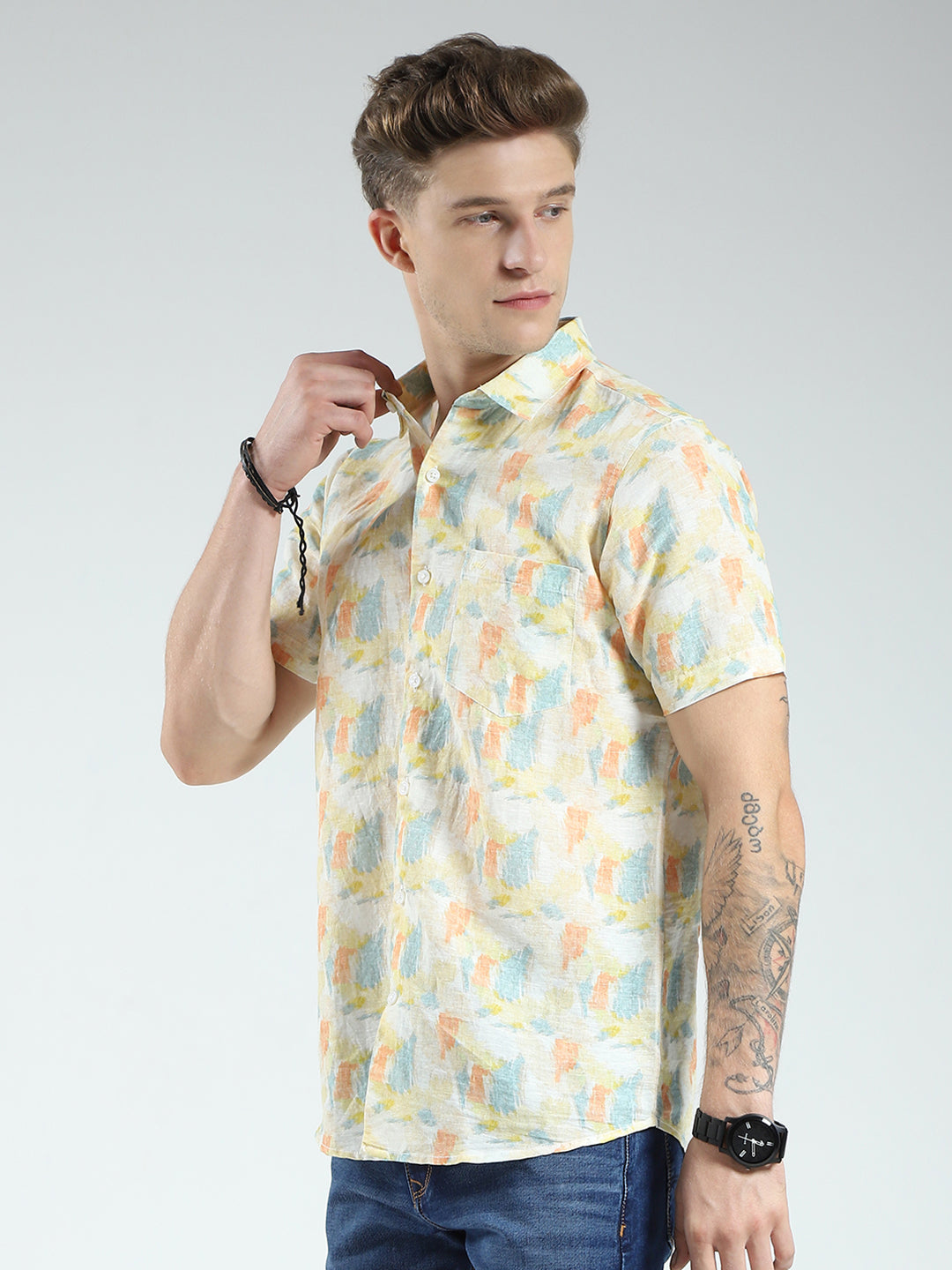 Men Yellow Printed Collar Half Sleeve Linen Shirt