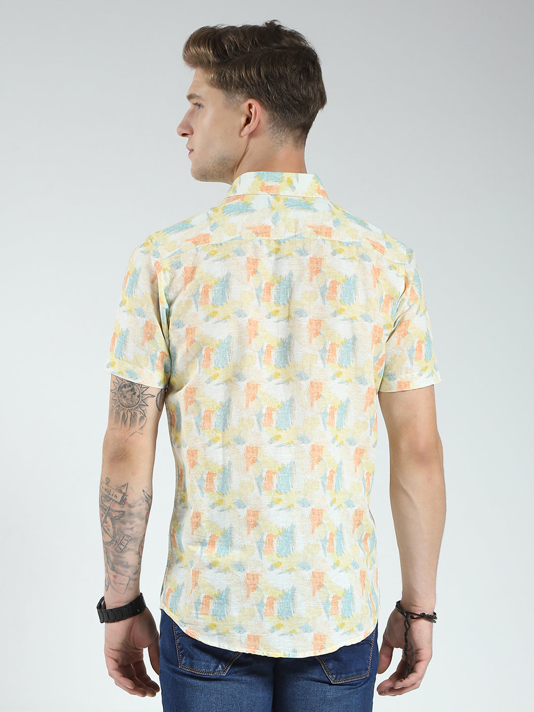 Men Yellow Printed Collar Half Sleeve Linen Shirt