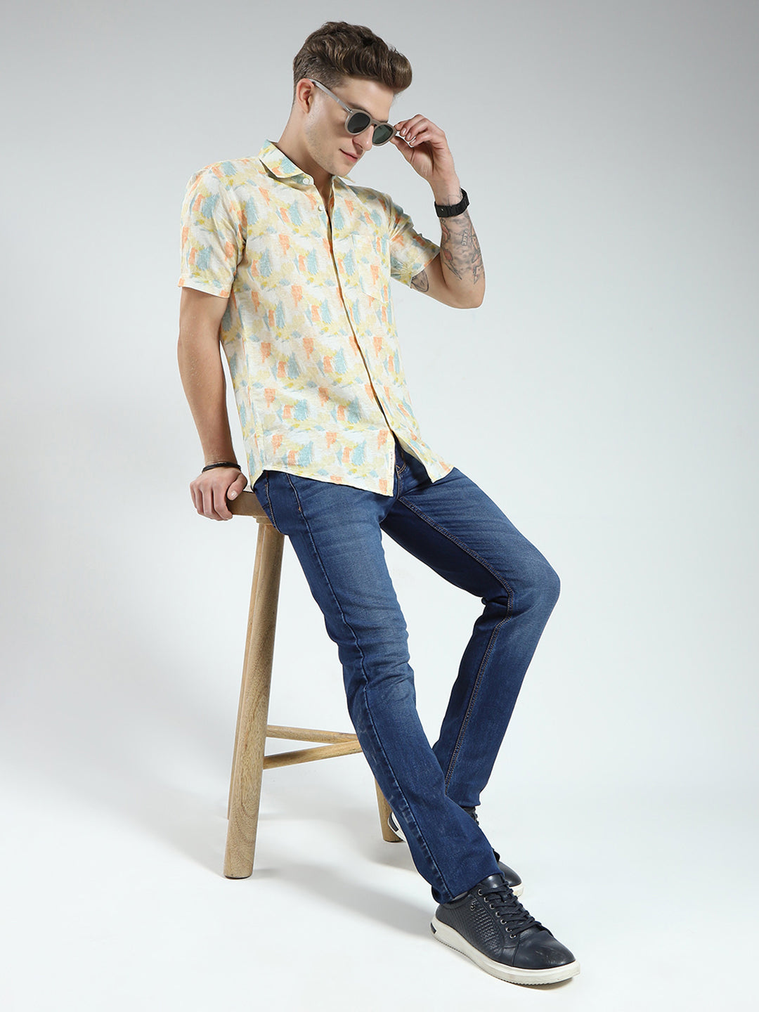 Men Yellow Printed Collar Half Sleeve Linen Shirt