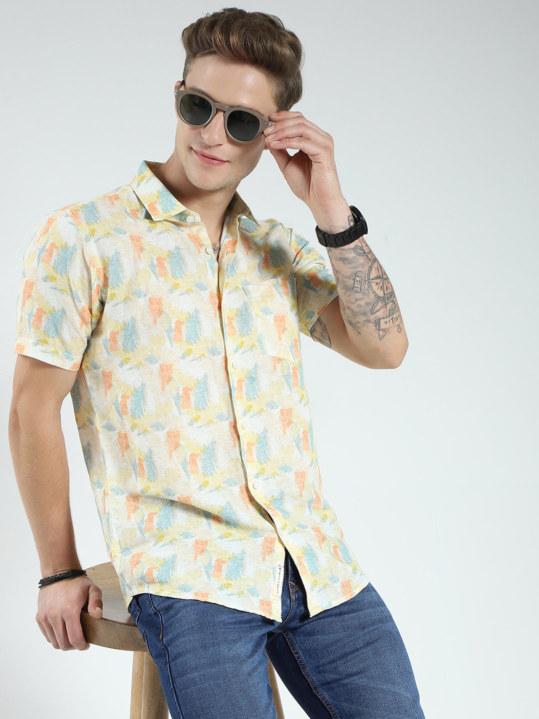 Men Yellow Printed Collar Half Sleeve Linen Shirt