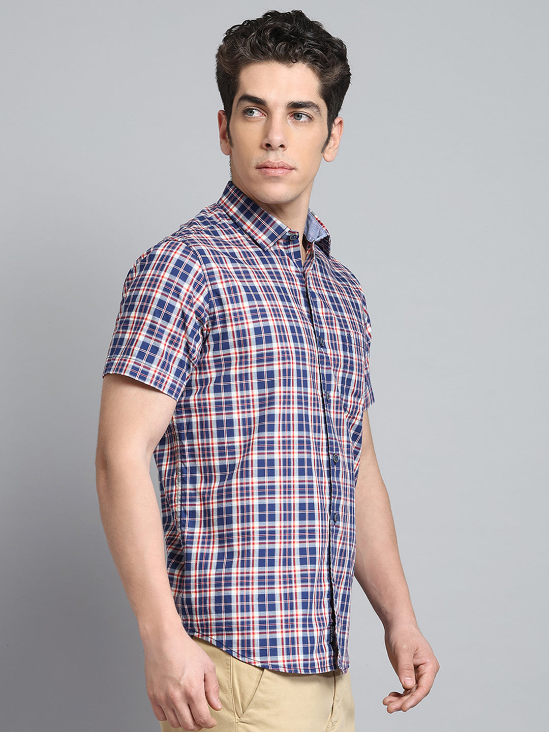 Men Navy Blue Check Collar Half Sleeve Shirt