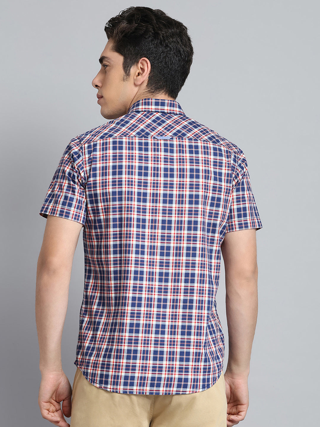 Men Navy Blue Check Collar Half Sleeve Shirt