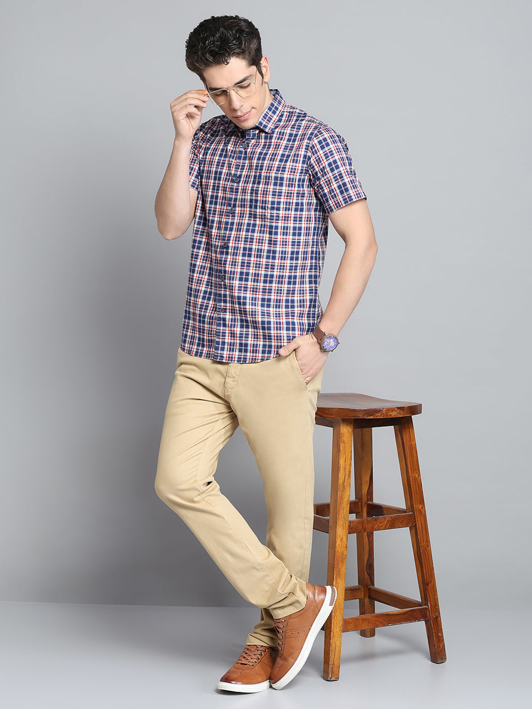 Men Navy Blue Check Collar Half Sleeve Shirt