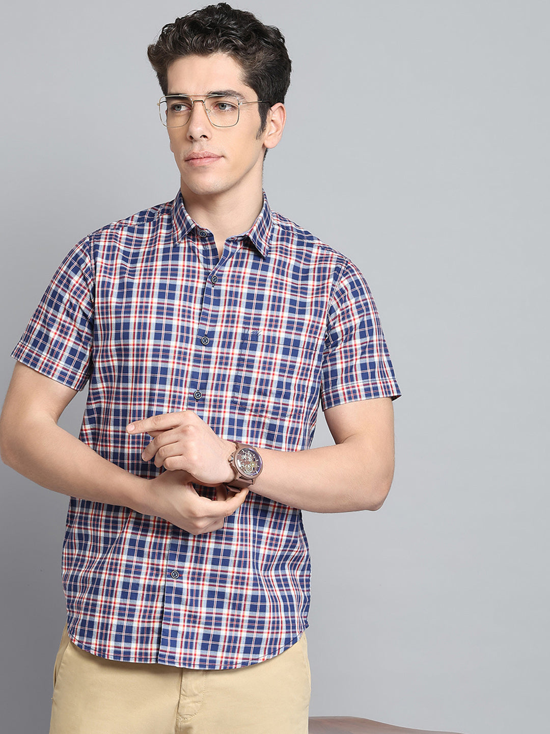 Men Navy Blue Check Collar Half Sleeve Shirt