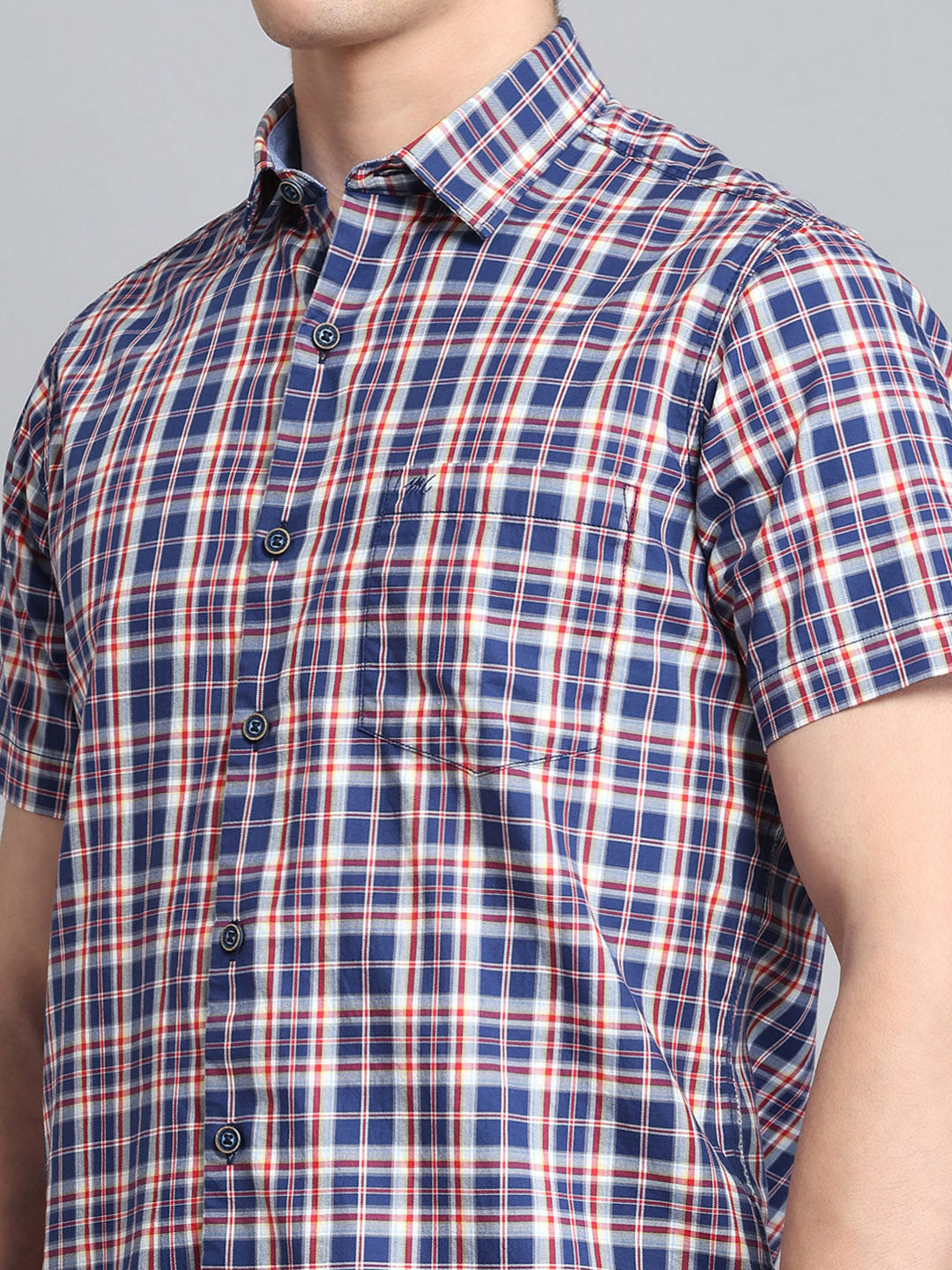 Men Navy Blue Check Collar Half Sleeve Shirt