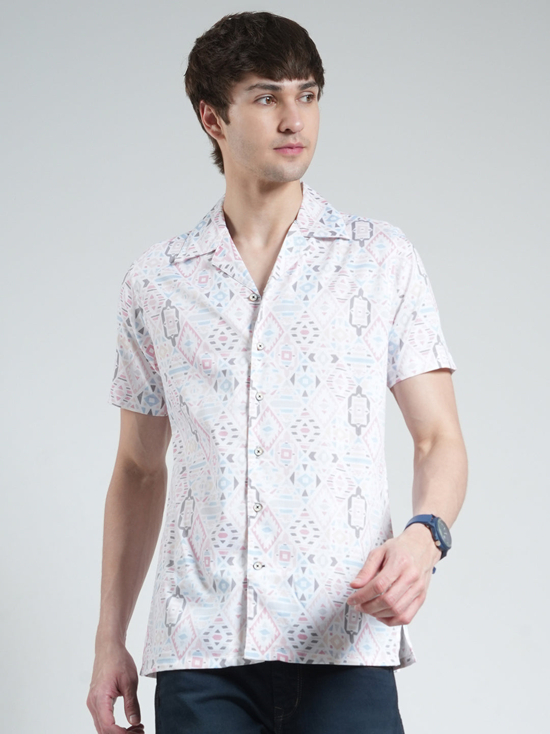 Men White Printed Collar Half Sleeve Shirt1