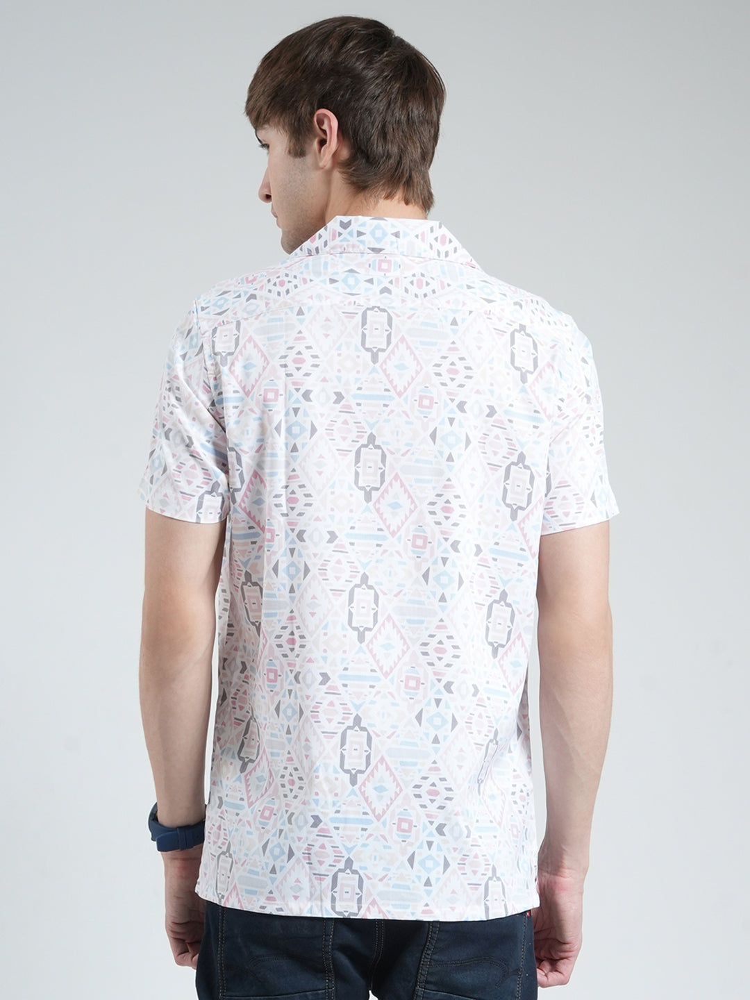 Men White Printed Collar Half Sleeve Shirt