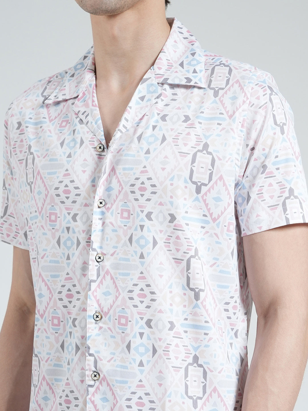 Men White Printed Collar Half Sleeve Shirt