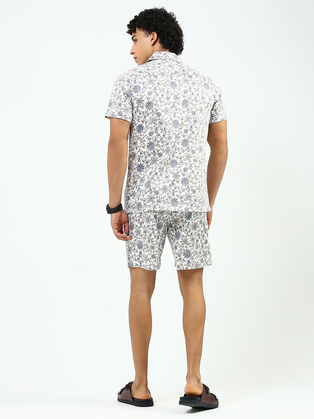 Men Off White Printed Collar Half Sleeve Cords Set
