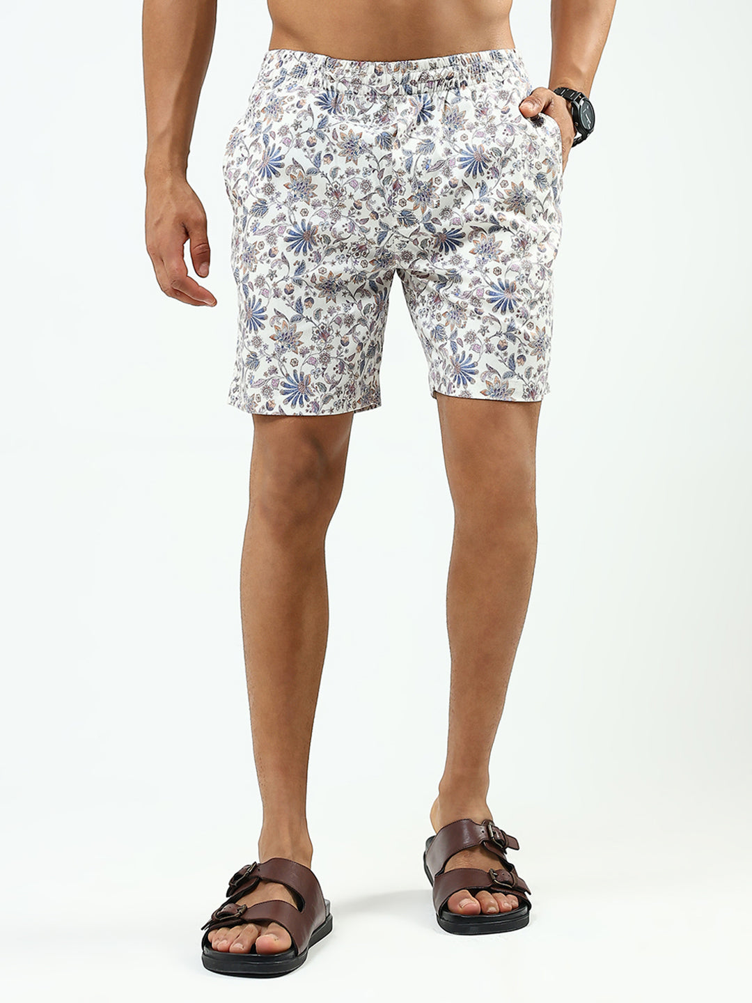 Men Off White Printed Collar Half Sleeve Cords Set