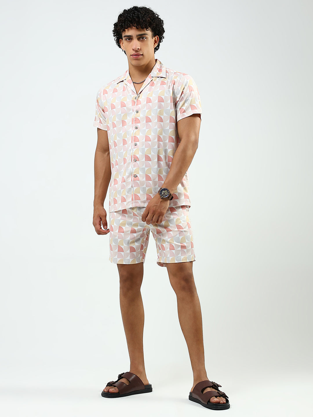 Men Peach Printed Collar Half Sleeve Cords Set