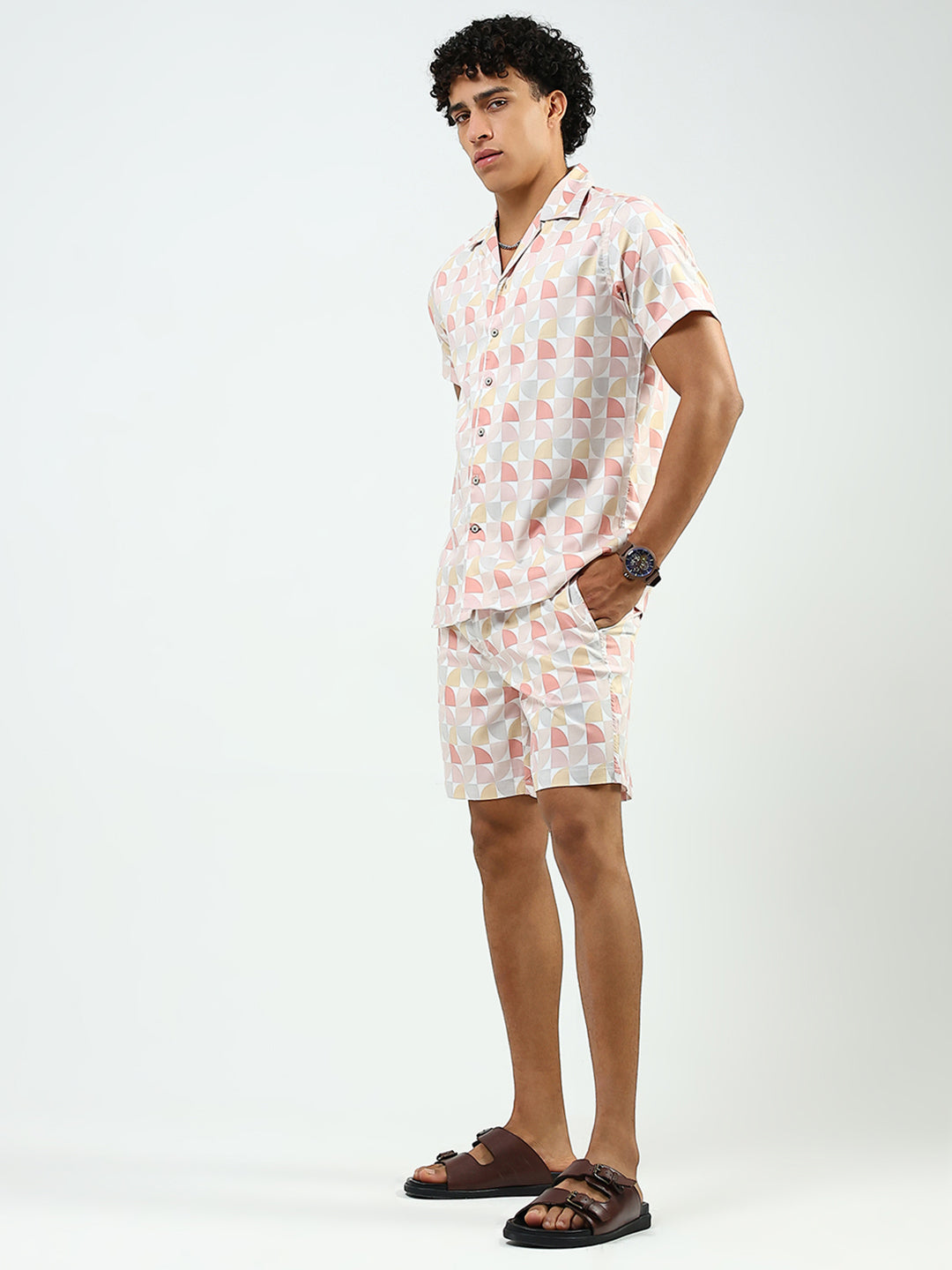 Men Peach Printed Collar Half Sleeve Cords Set