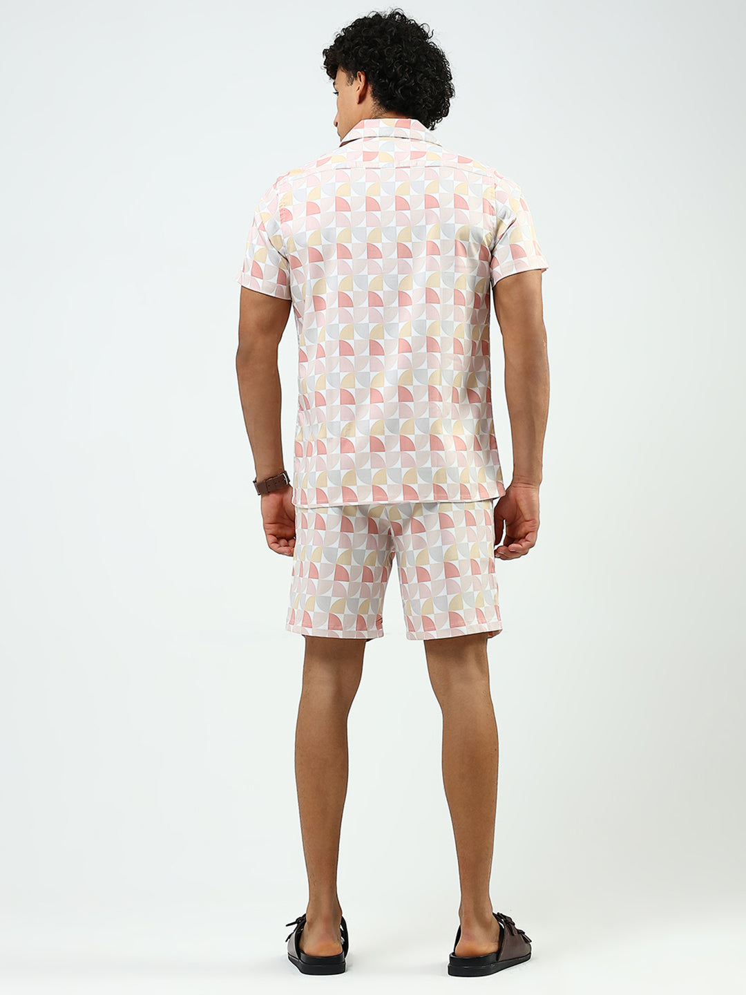 Men Peach Printed Collar Half Sleeve Cords Set