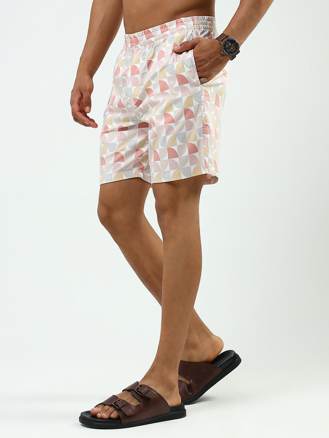 Men Peach Printed Collar Half Sleeve Cords Set