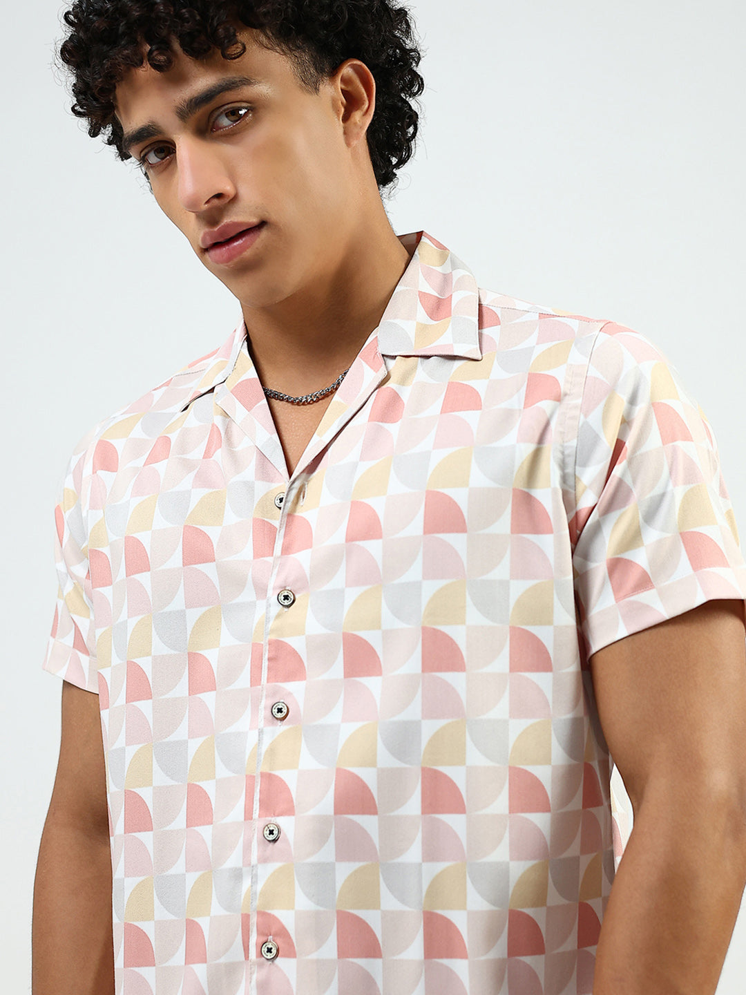 Men Peach Printed Collar Half Sleeve Cords Set