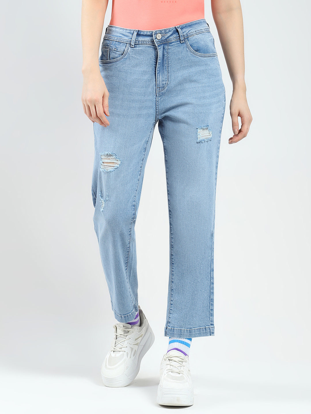 Women Blue Solid Straight Fit Denim