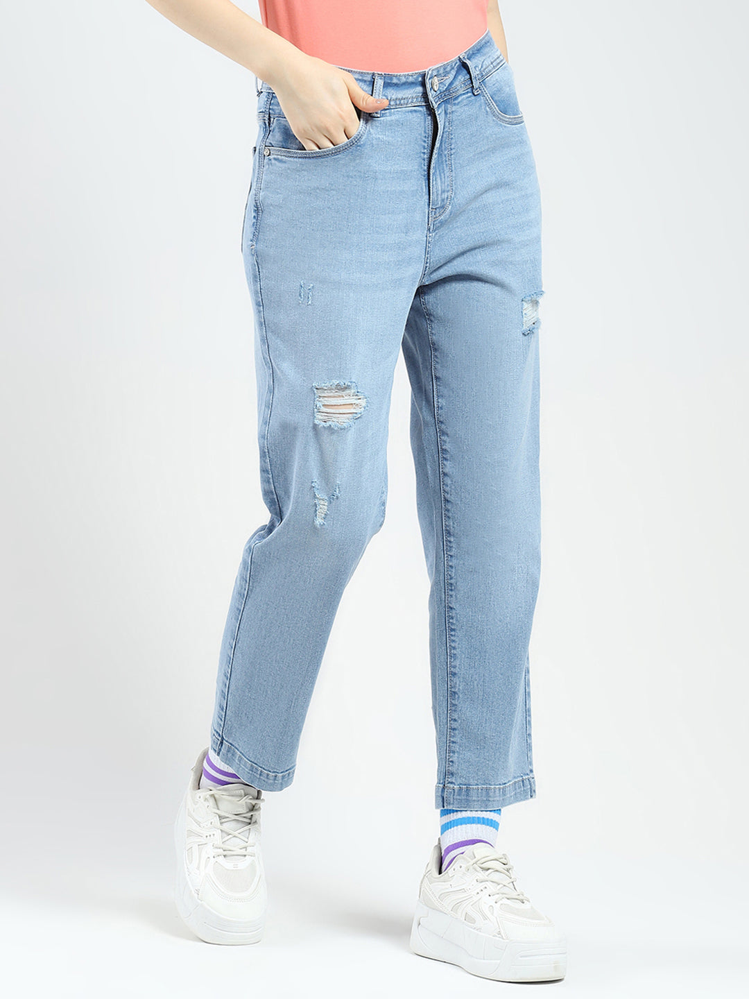 Women Blue Solid Straight Fit Denim