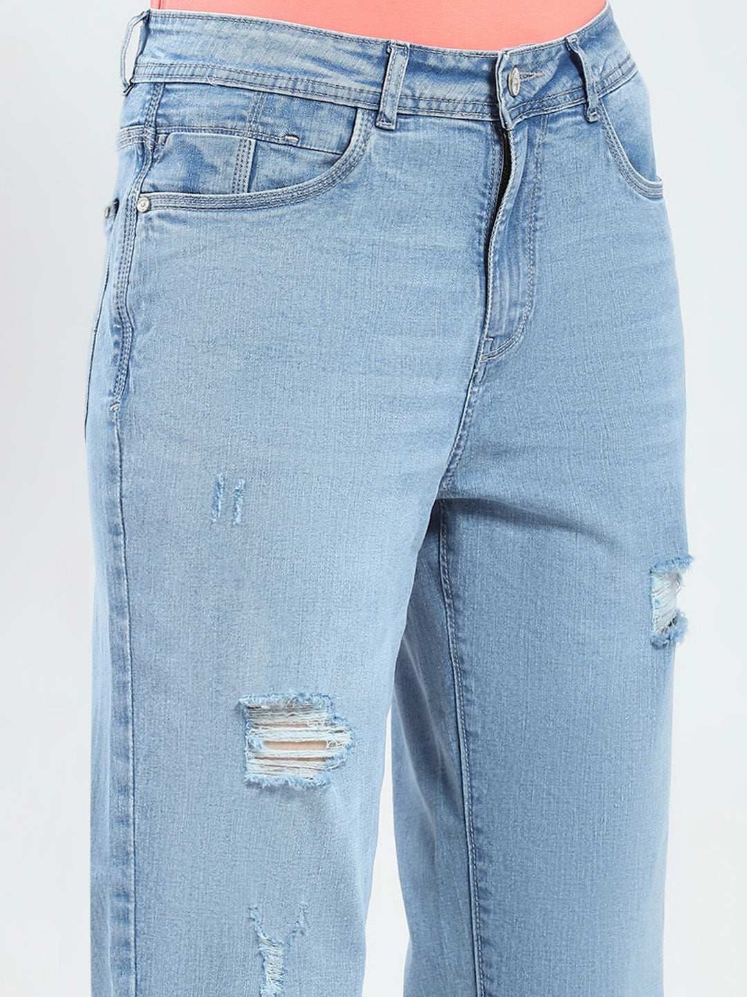 Women Blue Solid Straight Fit Denim