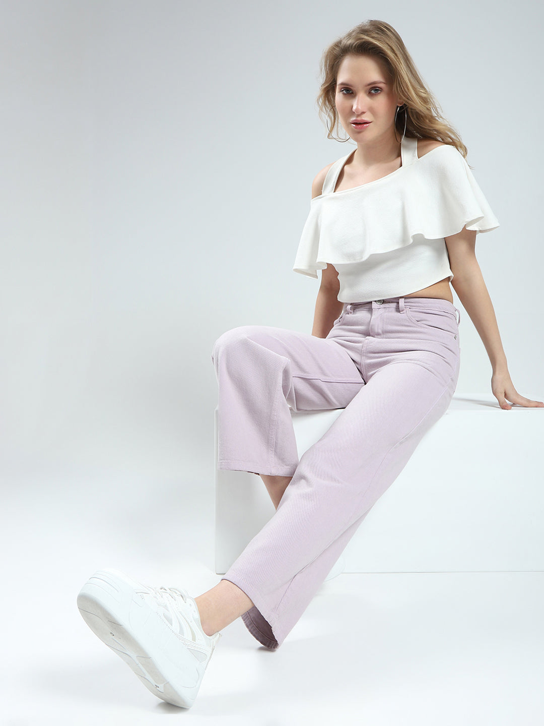 Women Purple Solid Regular Fit Denim