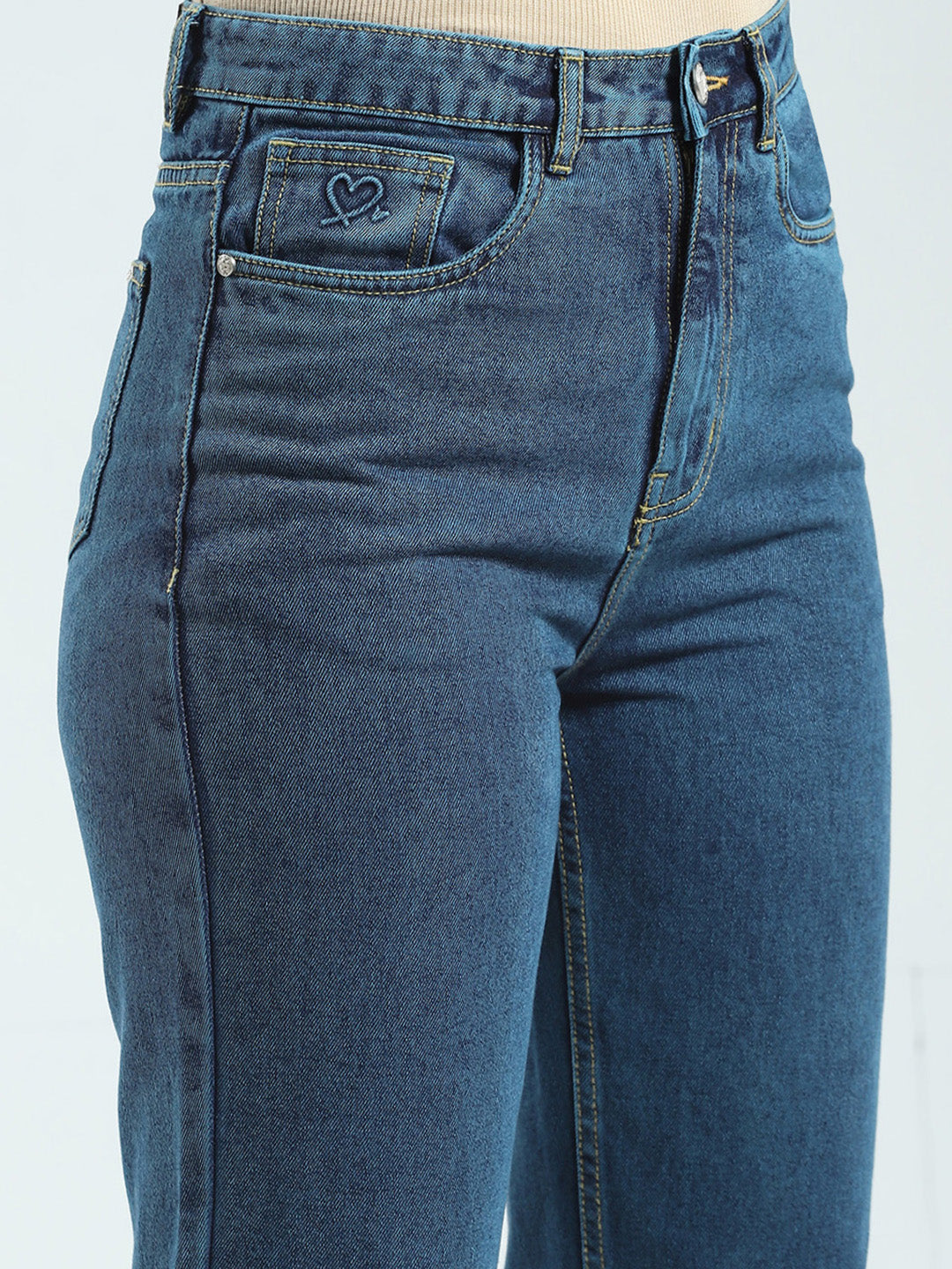 Women Blue Solid Regular Fit Denim