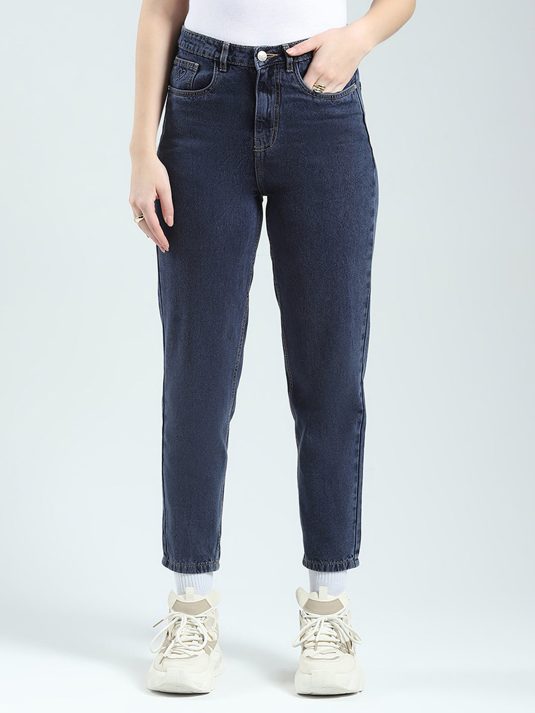 Women Blue Solid Regular Fit Denim