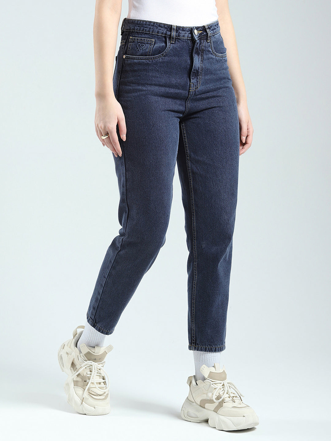 Women Blue Solid Regular Fit Denim