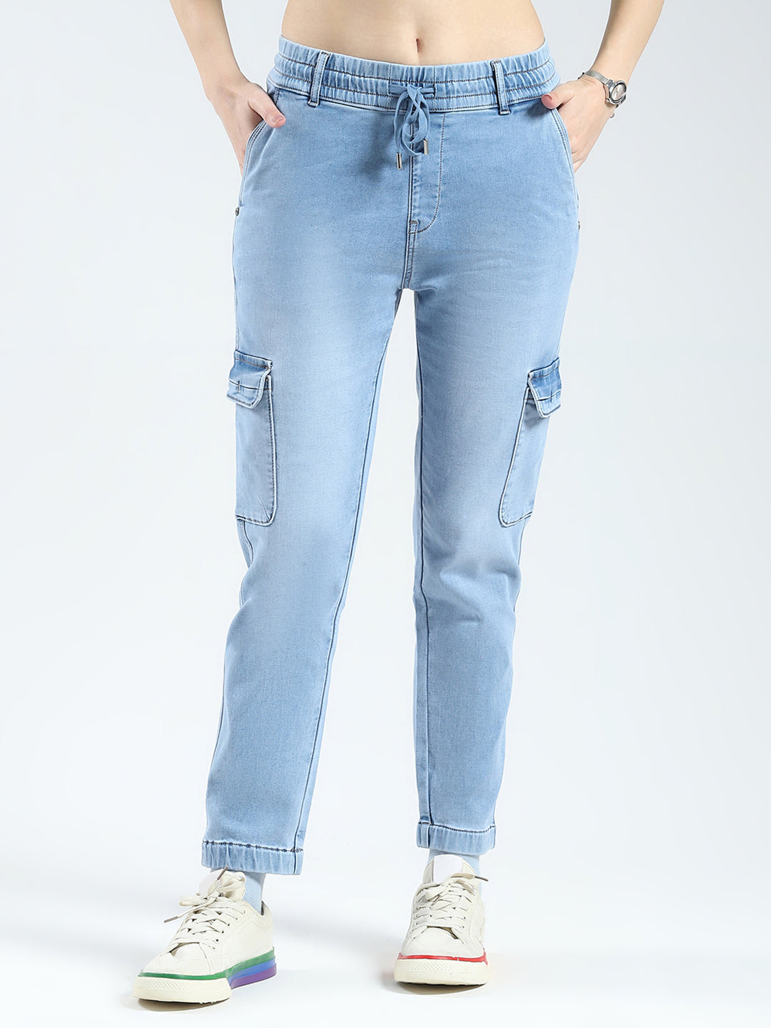 Women Blue Solid Slim Fit Cargo