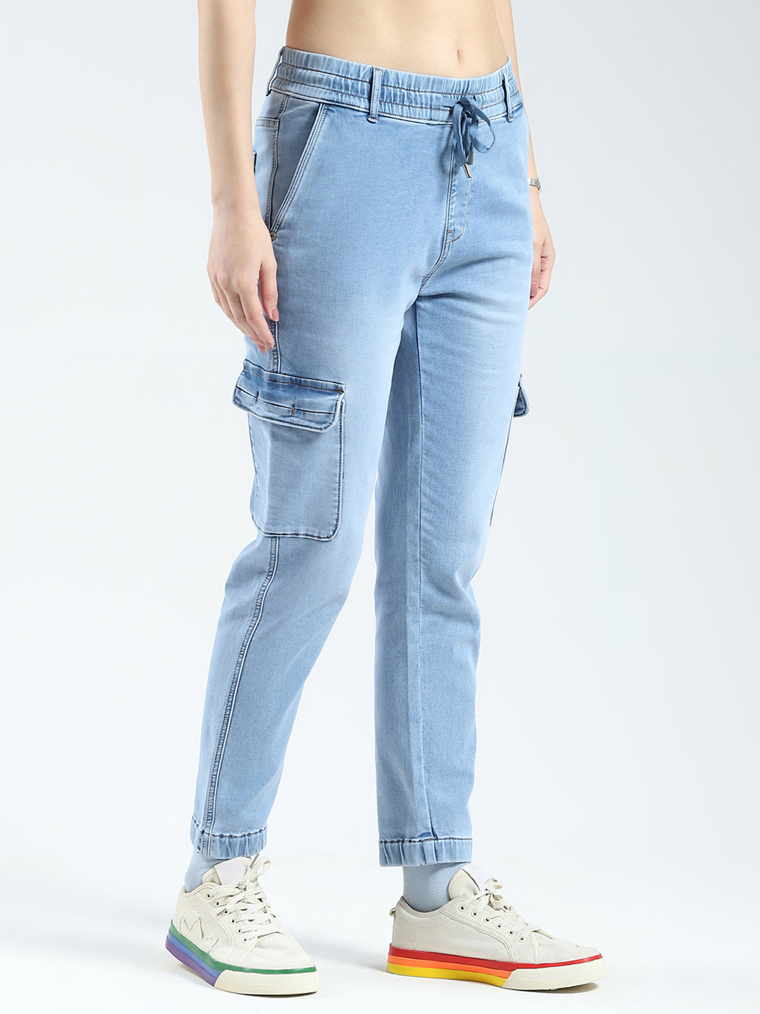 Women Blue Solid Slim Fit Cargo