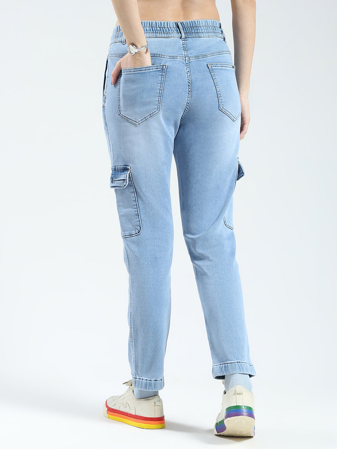 Women Blue Solid Slim Fit Cargo