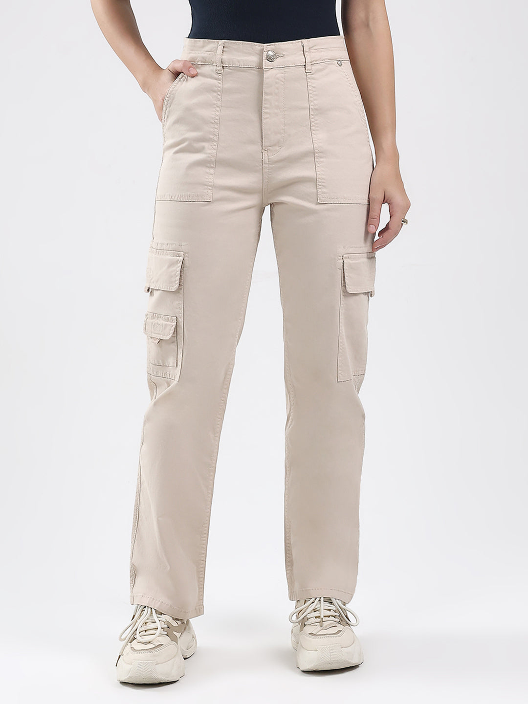 Women Beige Solid Straight Fit Cargo