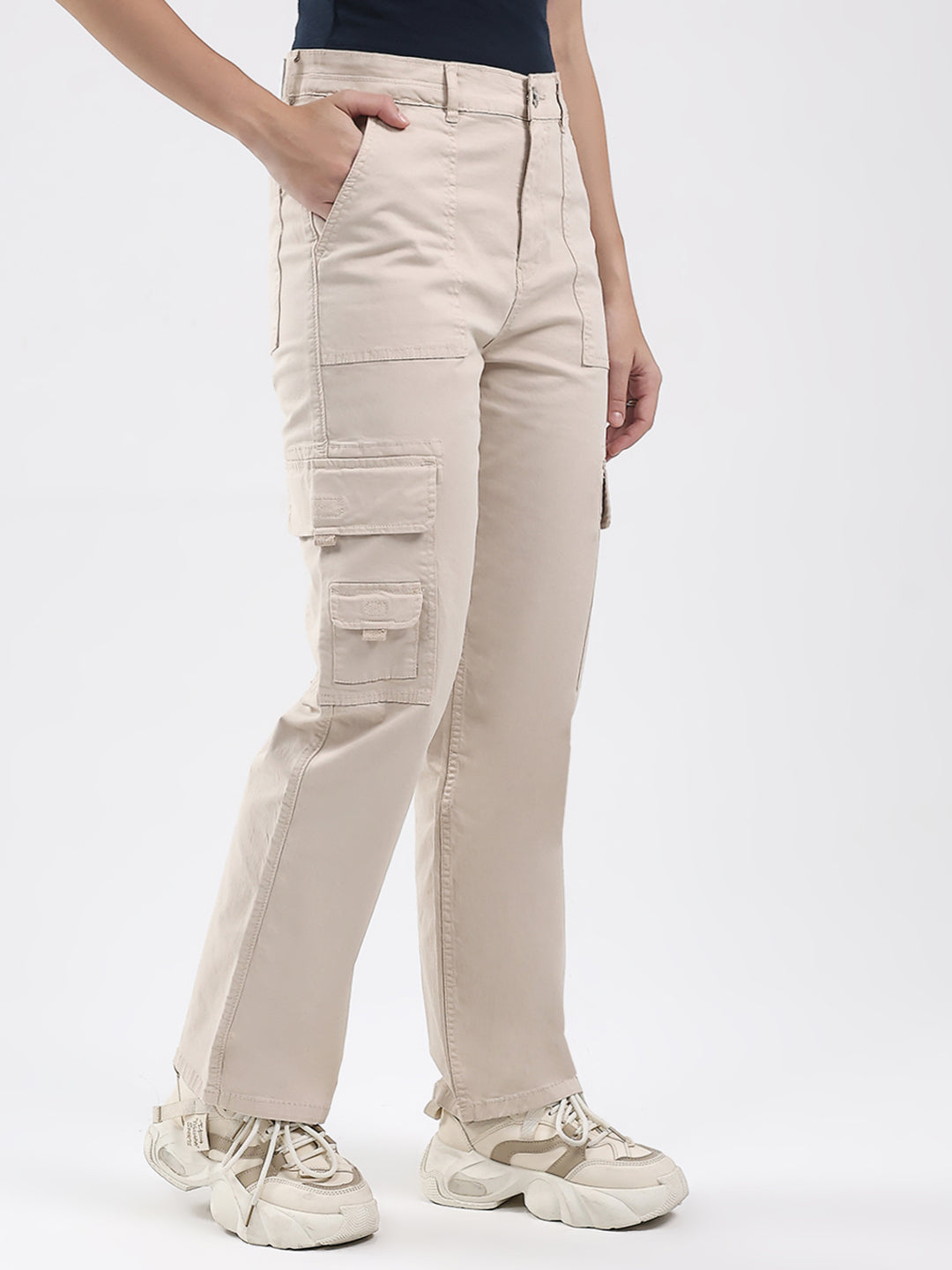Women Beige Solid Straight Fit Cargo