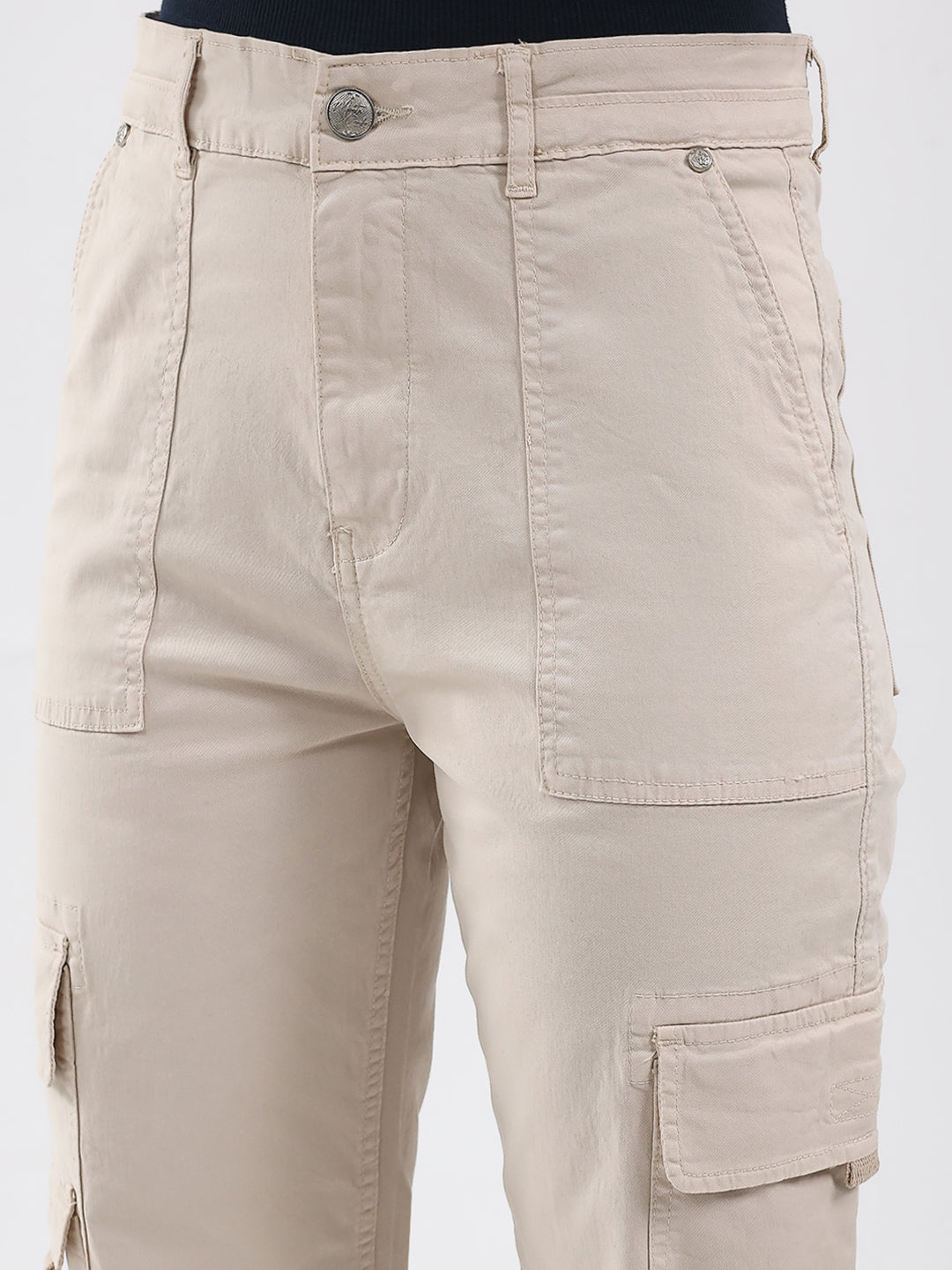 Women Beige Solid Straight Fit Cargo
