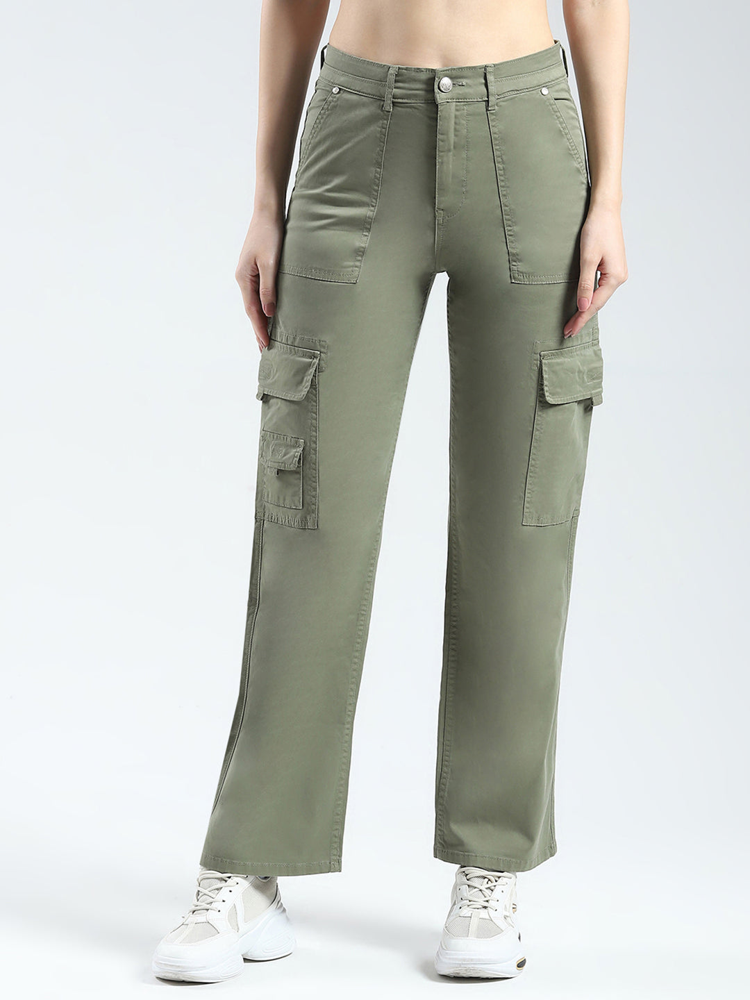 Women Green Solid Straight Fit Cargo