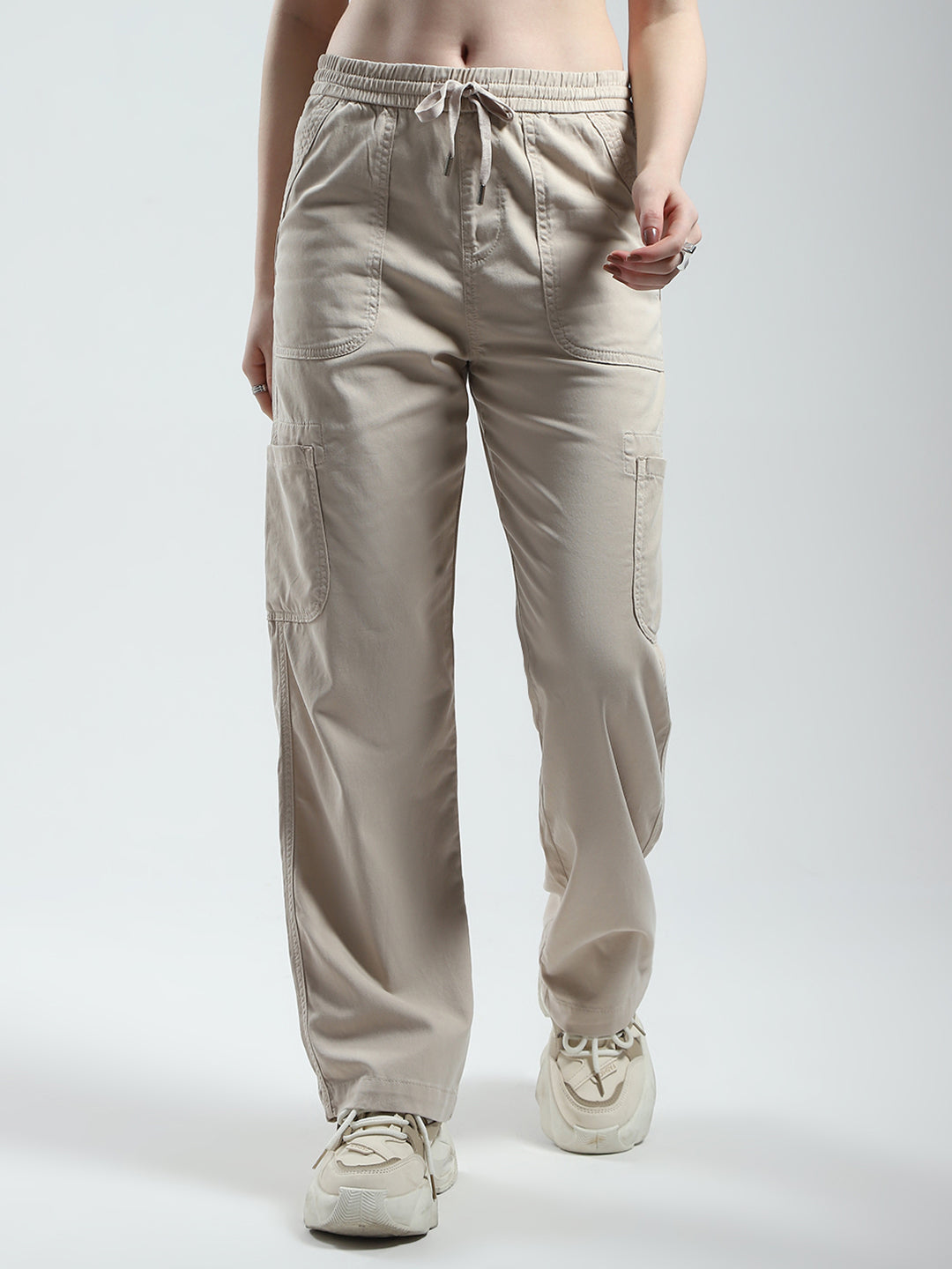 Women Beige Solid Straight Fit Cargo