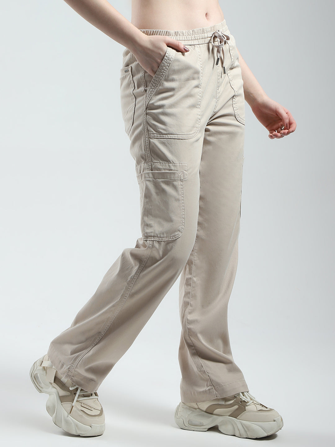 Women Beige Solid Straight Fit Cargo