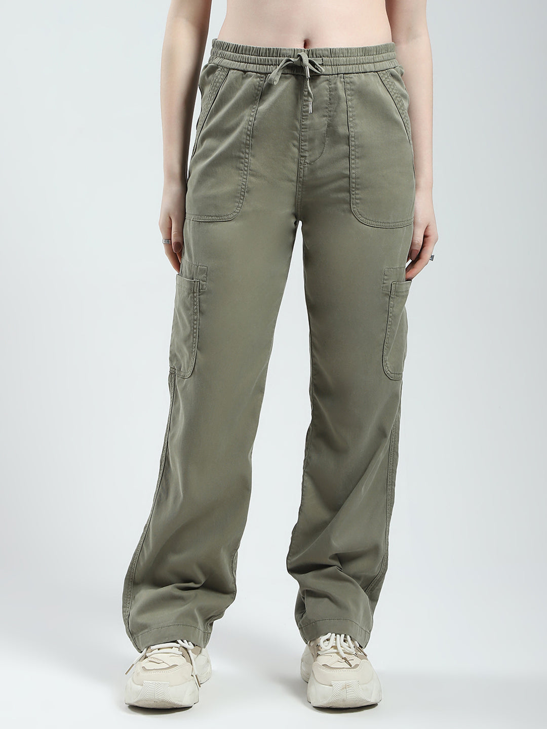 Women Green Solid Straight Fit Cargo