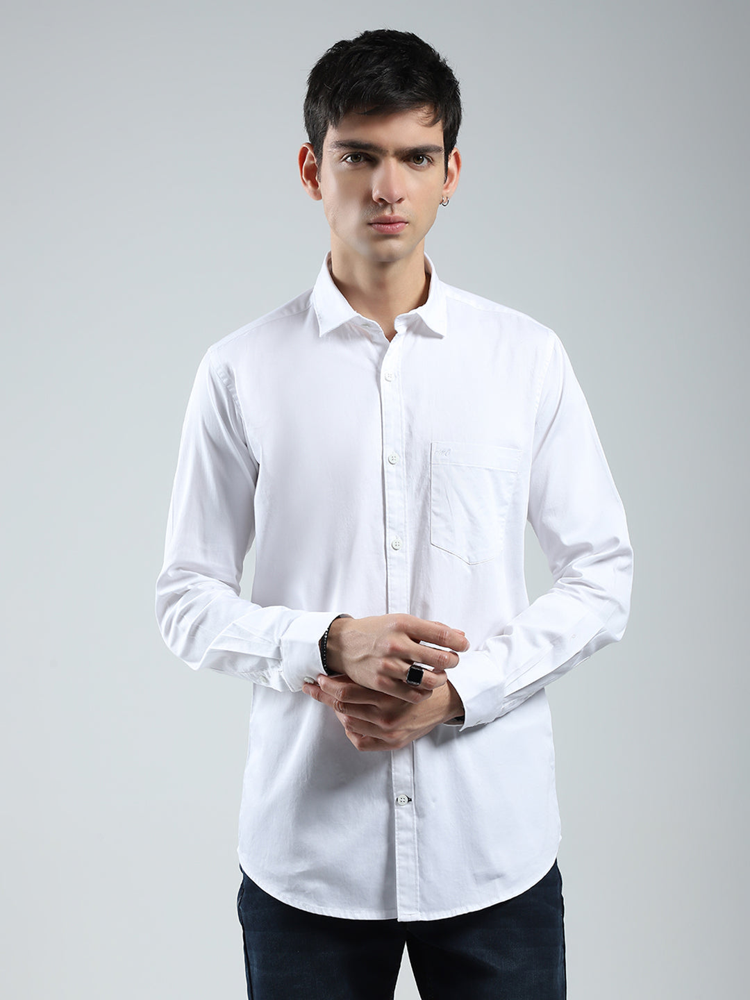 Men White Solid Collar Full Sleeve Shirt