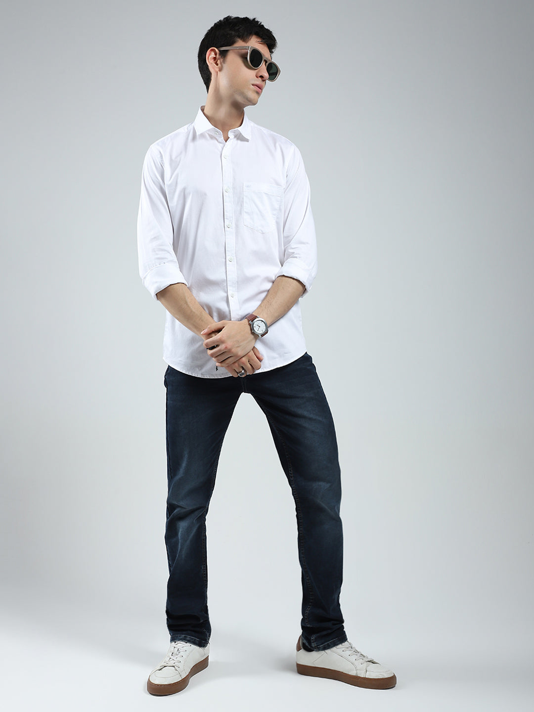 Men White Solid Collar Full Sleeve Shirt