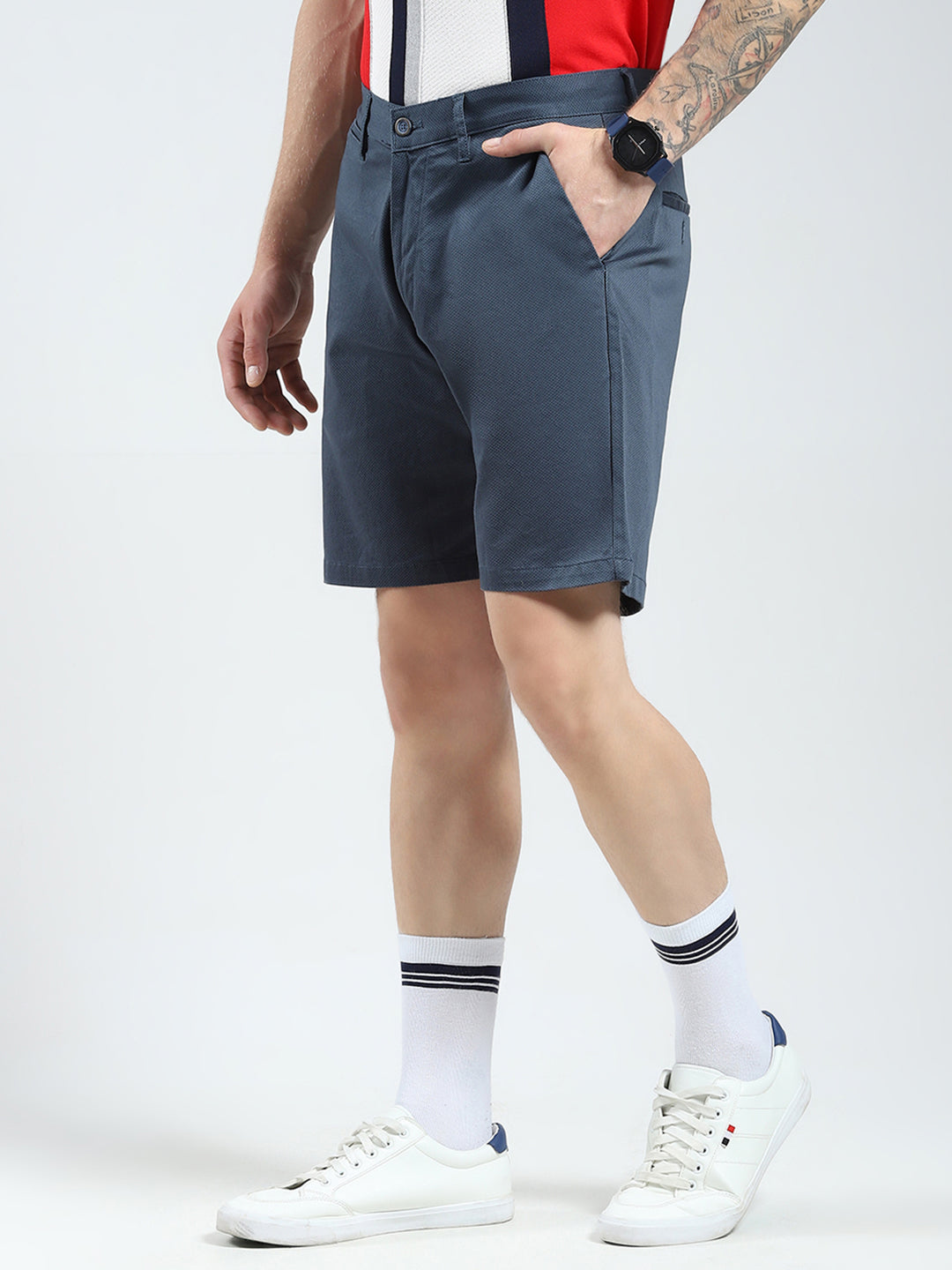 Men Navy Blue Solid Regular Fit Shorts