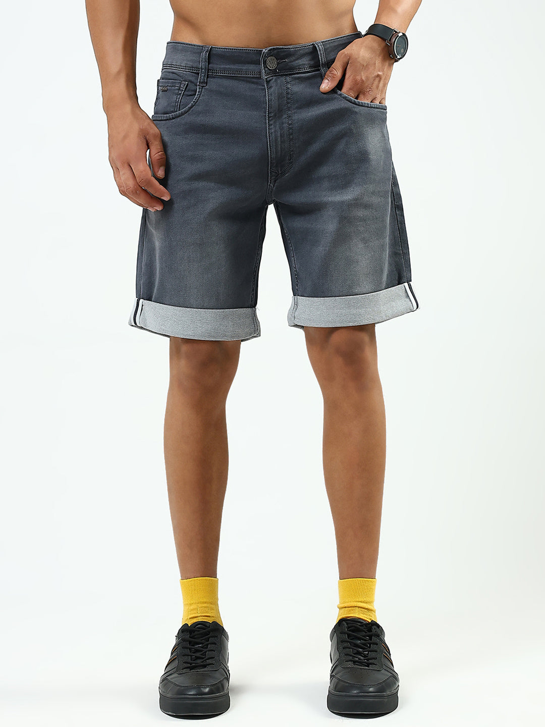 Men Grey Solid Regular Fit Shorts