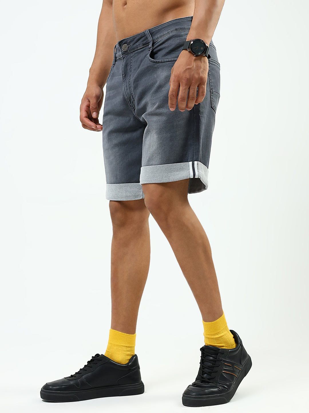Men Grey Solid Regular Fit Shorts