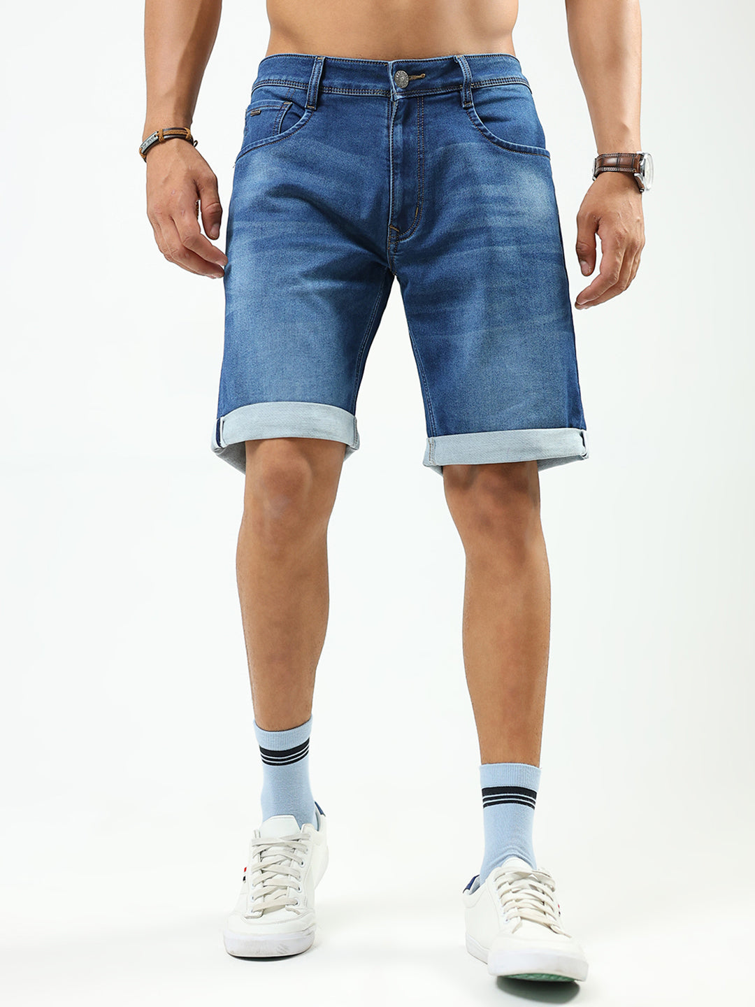 Men Blue Solid Regular Fit Shorts