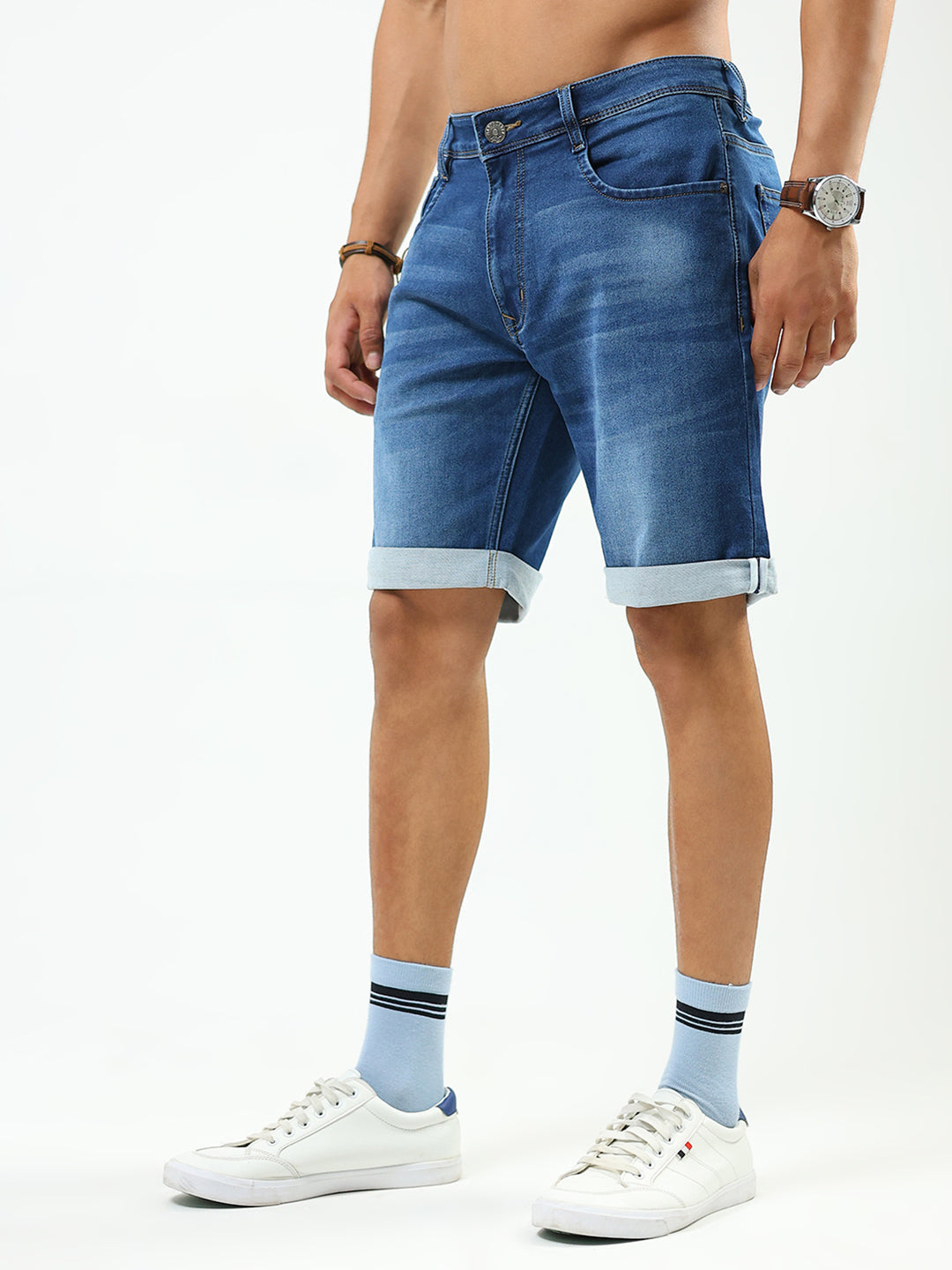 Men Blue Solid Regular Fit Shorts