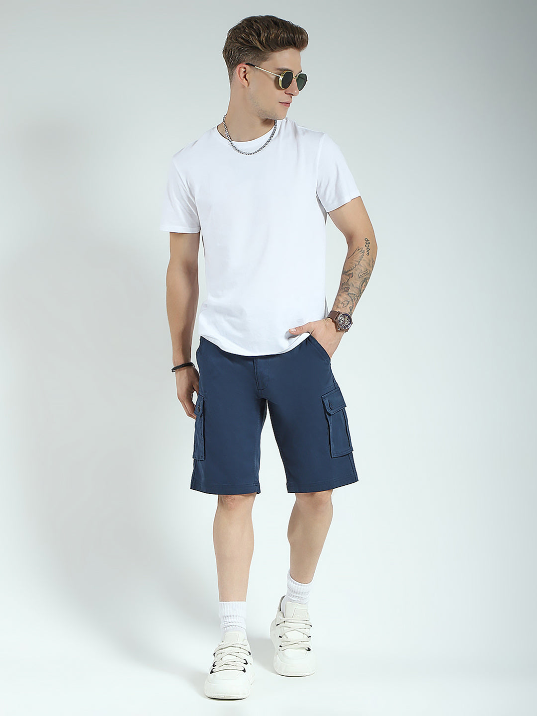 Men Navy Blue Solid Regular Fit Shorts