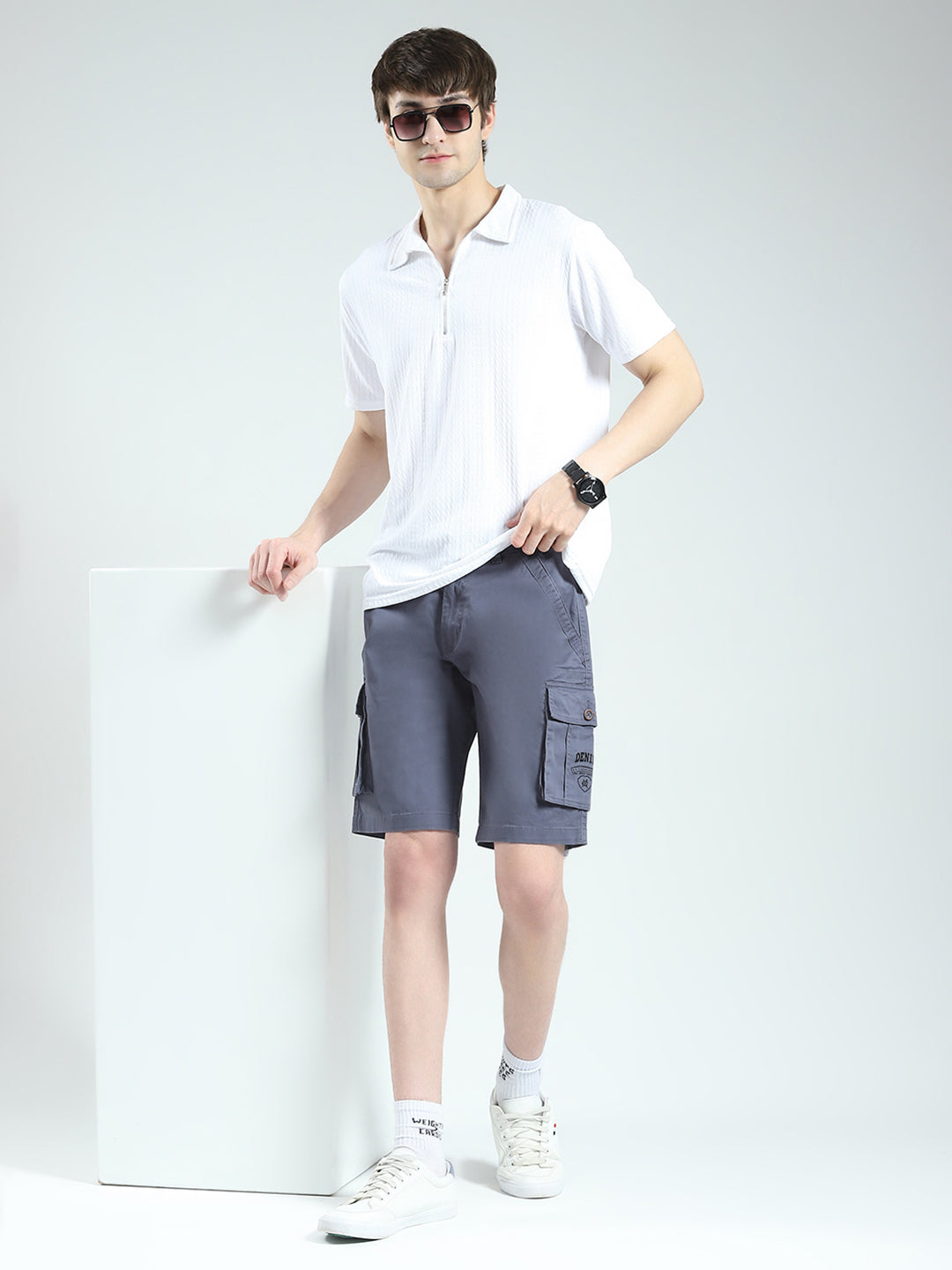 Men Blue Solid Regular Fit Shorts
