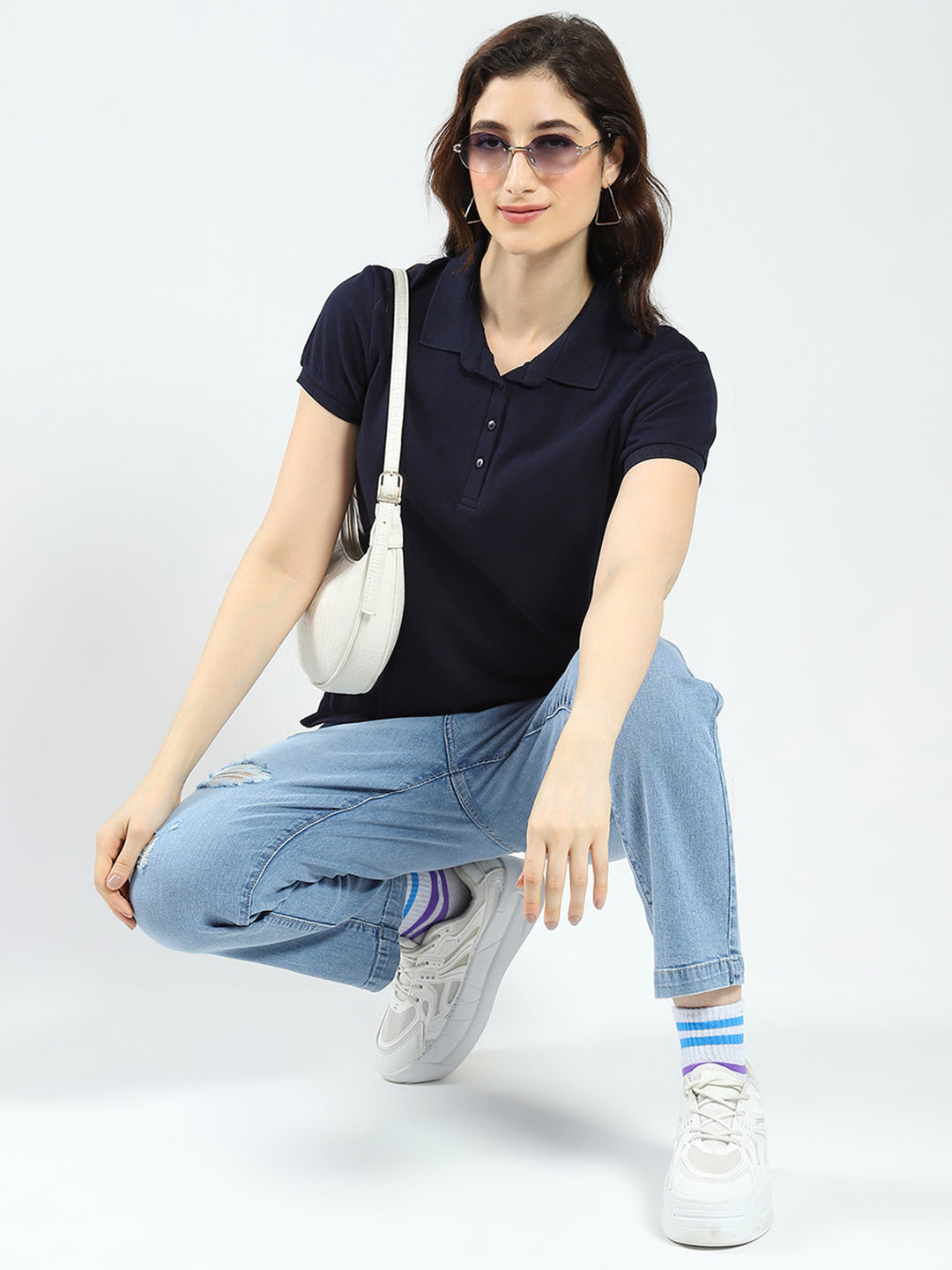 Women Navy Blue Solid Collar Half Sleeve T-Shirt