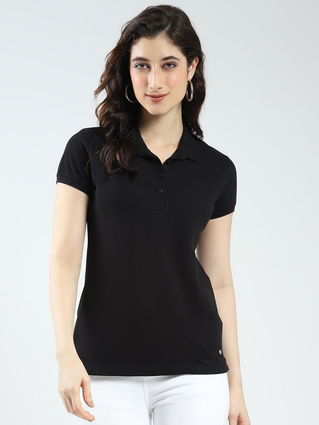 Women Black Solid Collar Half Sleeve T-Shirt