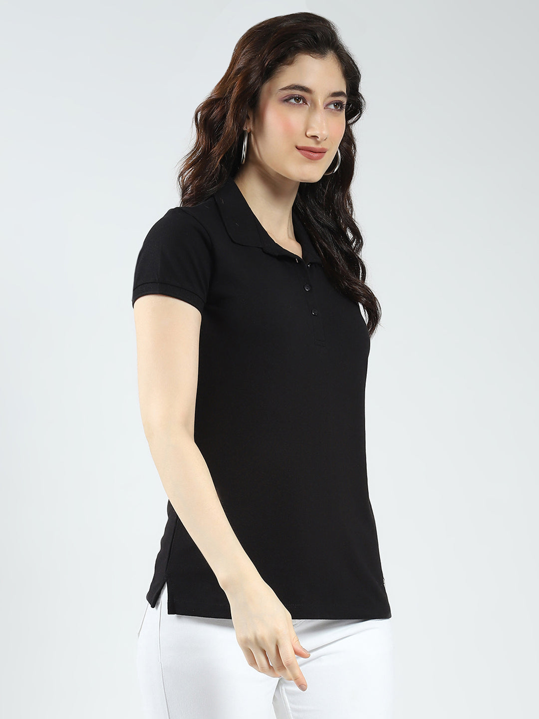 Women Black Solid Collar Half Sleeve T-Shirt