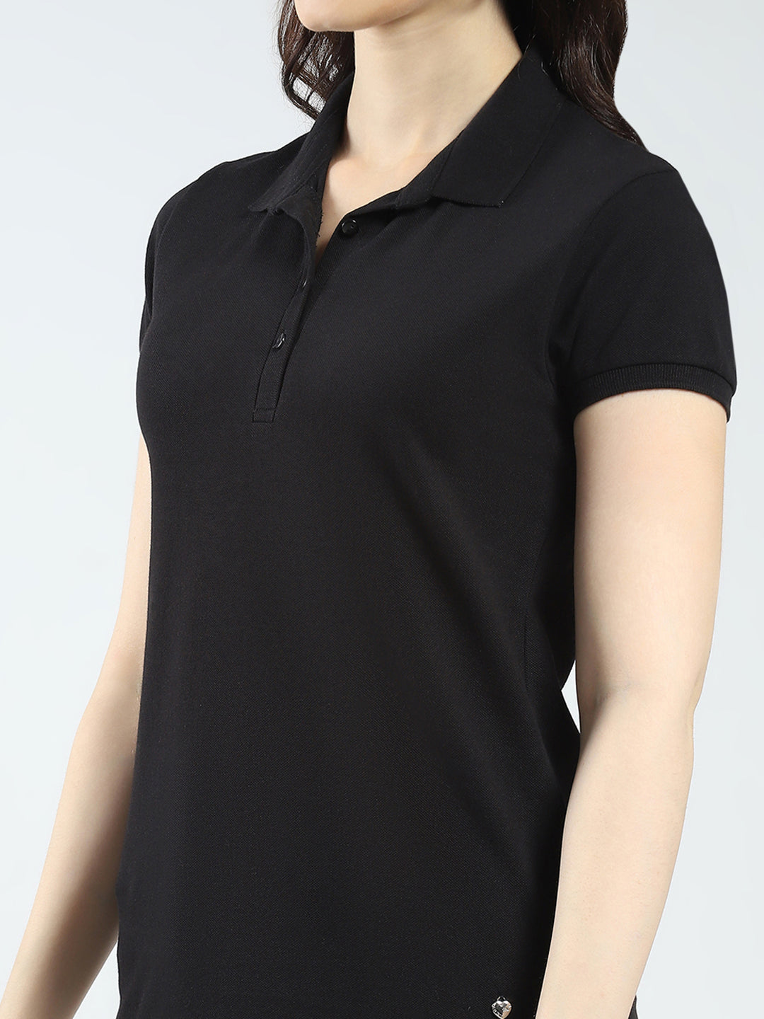 Women Black Solid Collar Half Sleeve T-Shirt