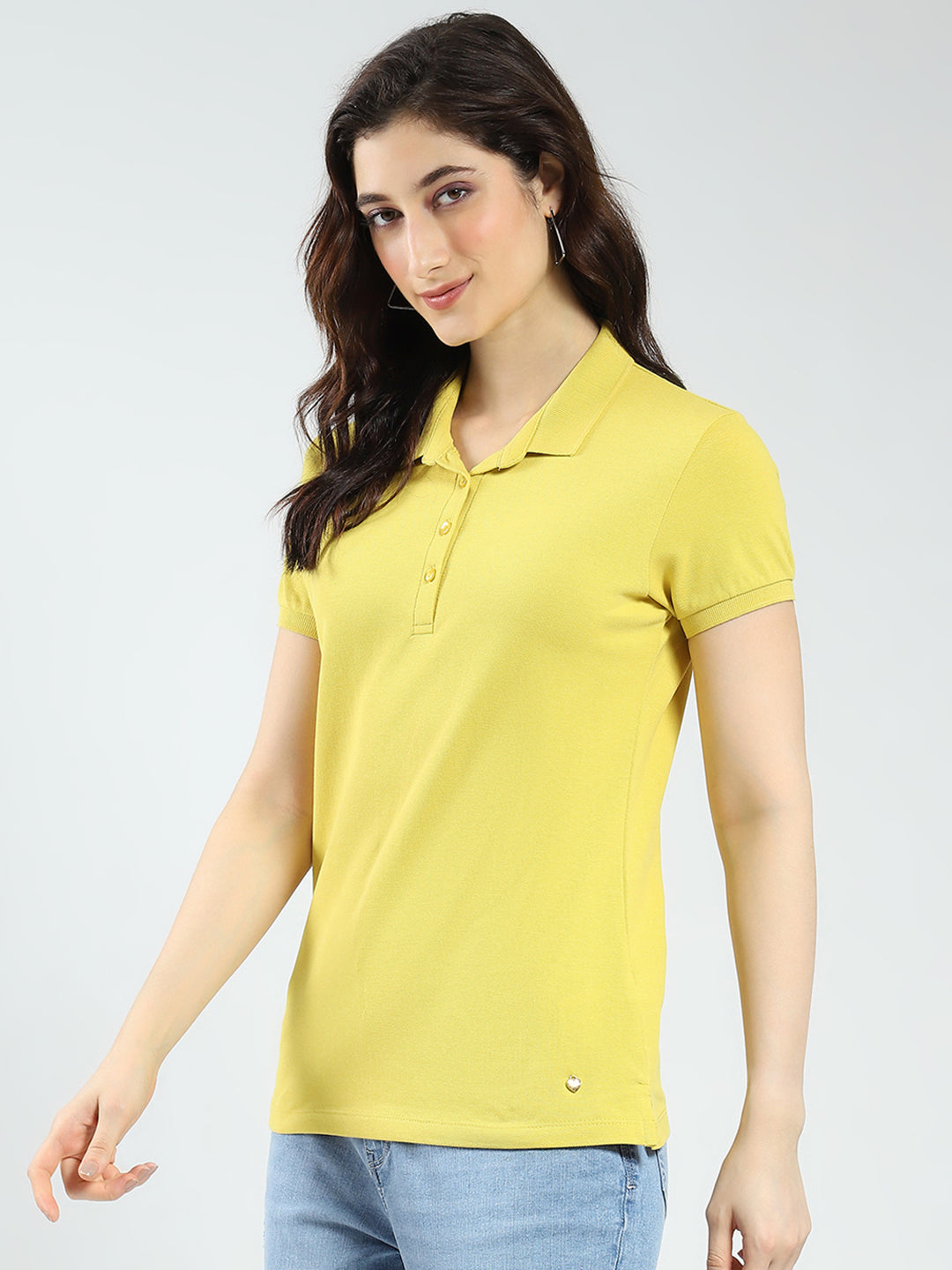 Women Mustard Solid Collar Half Sleeve T-Shirt